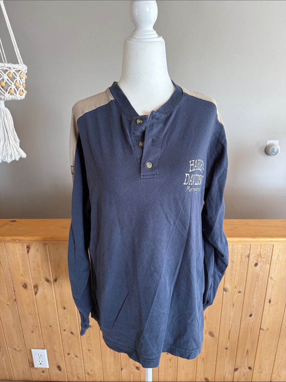 Harley-Davidson Navy and Tan Long-Sleeve Henley Shirt